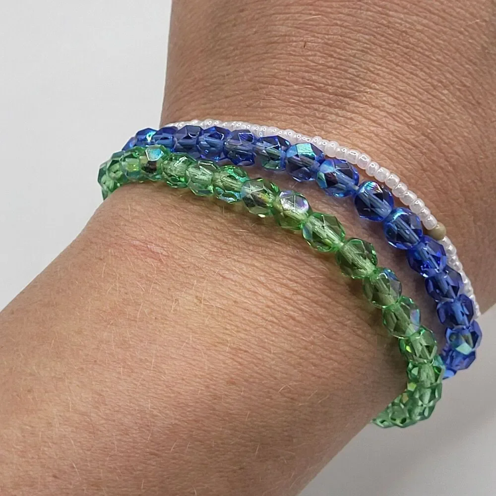 Lot of 3 Handmade Stretch Bracelets Set Featuring Green and Blue Faceted Crystal
